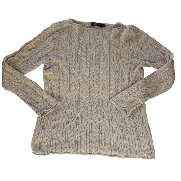 Lauren Ralph Lauren Tan Beige Cable Knit Cotton Boat Neck Sweater Womens L/XL - Picture 7 of 7